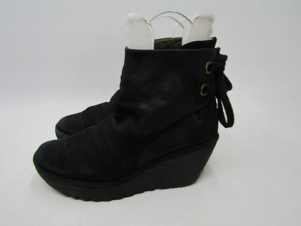 FLY LONDON Womens Size 39 EUR Black Suede Laces Wedge High Ankle Boots Bootie